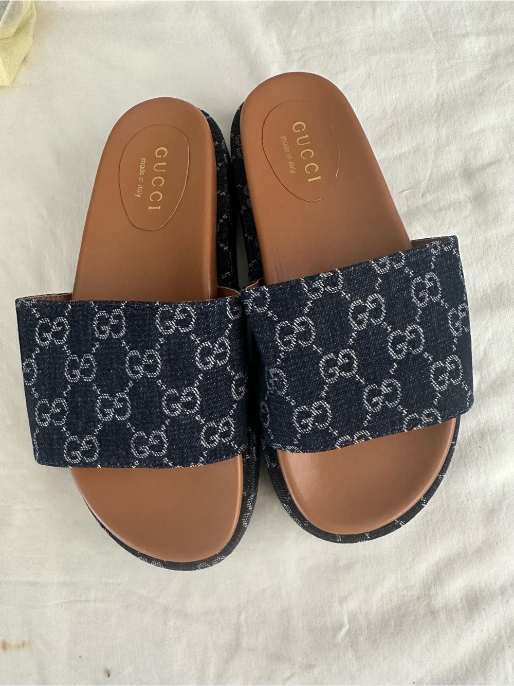 Gucci  Blue Denim GG Logo Slide Sandals